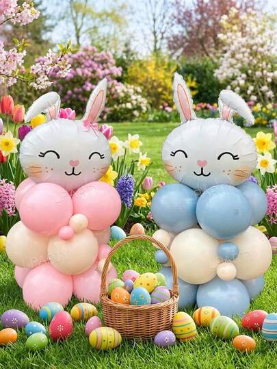 34pcs/Set Easter Bunny Foil Balloons, 10" Macaron Pink/Blue/Skin Tone Latex Balloons, 2026 Easter Celebration Party Decorations, Easter Egg Shaped Balloons, Spring Garden Party Decor