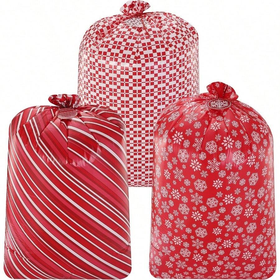 JOYIN 3 bolsas de regalo de Navidad jumbo de 56 x 36 pulgadas para fiestas color rojo para Navidad bolsa de regalo de plástico grande decoraciones de Navidad equipaje de mano juguetes grandes y animales de peluche - Rojo - Ver 1