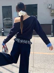 女士休闲条纹拼接不对称肩部T恤，秋冬款 - 藏青色 - 查看 5