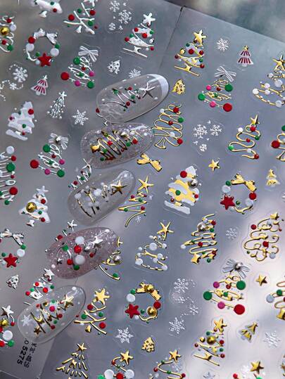 Pegatinas de arte de uñas navideñas - Lujo Cristal Rhinestone Oso de dibujos animados, Árbol, Manzana Pegatinas de arte de uñas adhesivas, Decoración de uñas 3D DIY Suministros para uñas