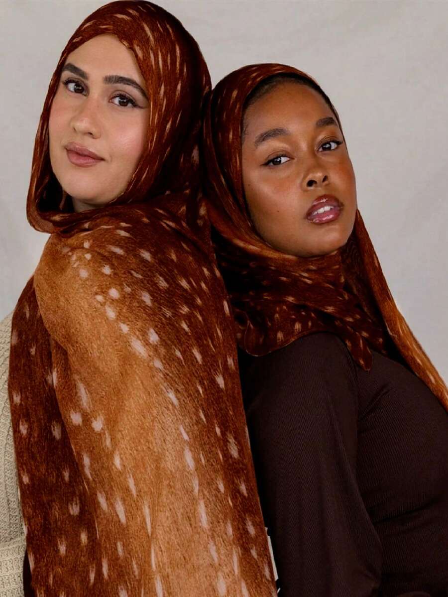 1pc Women's Bohemian Style Ombre Deer Print Hijab, Autumn/Winter Street Fashion Scarf, Suitable For Daily Wear - Chocolate Brown - View 1