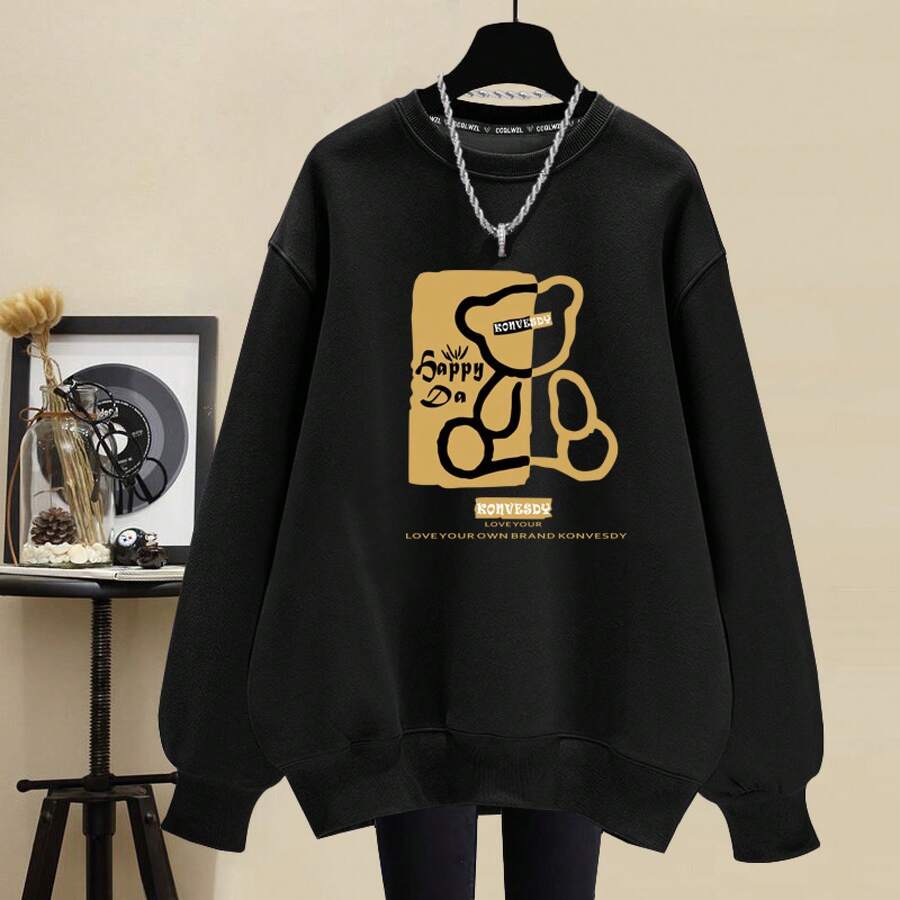 Women's Round Neck Cotton Fleece Lined Sweatshirt Plus Thick Warm Spring Autumn Winter High Street Casual Loose Age Reducing Pullover Top Outerwear - 黑色(DD15熊寶寶印前)重磅純棉 - 查看 1
