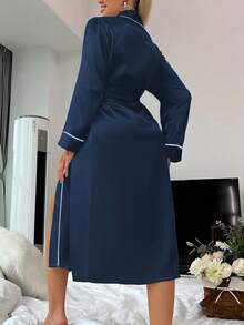 1pc Women's Elegant Long Sleepwear, Fashion Minimalist Autumn/Winter Robe With Belt, Sexy Open Front Design, Suitable For Loungewear, Sleepwear, Bridesmaid Dress, All Season - Navy Blue - View 3