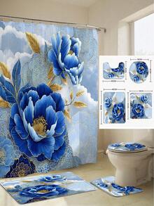 1/3/4 件套浴帘浴室套装，蓝色花卉图案，防水耐用配件，带 12 个挂钩 - 包括马桶座套、浴垫和地毯 - 防滑涤纶面料 - 可水洗 - 非常适合节日装饰、家居/卧室/房屋/西式装饰。 - 彩色 - 查看 1