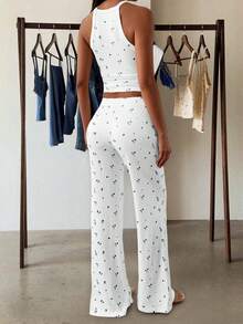 GAOVOT Women's Two Pieces Summer Home Leisure Sports Running Exercise Print Sleeveless Vest Top And Loose Wide Leg Straight Pant Suit - White - View 2