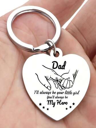 Fars dag-present: Hjärtformad nyckelring i rostfritt stål, kreativ gravyr, hand i hand, hänge kan användas som en minnespresent till pappa. Pappa, du är min hjälte, min lilla flicka för alltid.