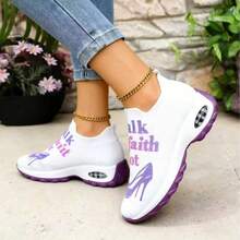 Ladies' Breathable Knitted Slip - On Sports Shoes With Stable Support - Soft EVA Sole, All - Season Casual Shoes. White With Black And Red Accents And "Walk By Faith" High - Heel Pattern Design. Ladies' Comfortable Shock - Absorbing Shoes - Purple - View 4