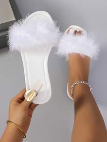 Novos Sandálias Elegantes e Confortáveis de Couro Sintético com Pele Falsa e Bico Aberto para Mulheres Plus Size, Versáteis para Casa, Encontros, Férias, Praia, Adequadas para Dia dos Namorados, Halloween, Dia da Mulher, Volta às Aulas, Presente Ideal - Branco - Visão 1