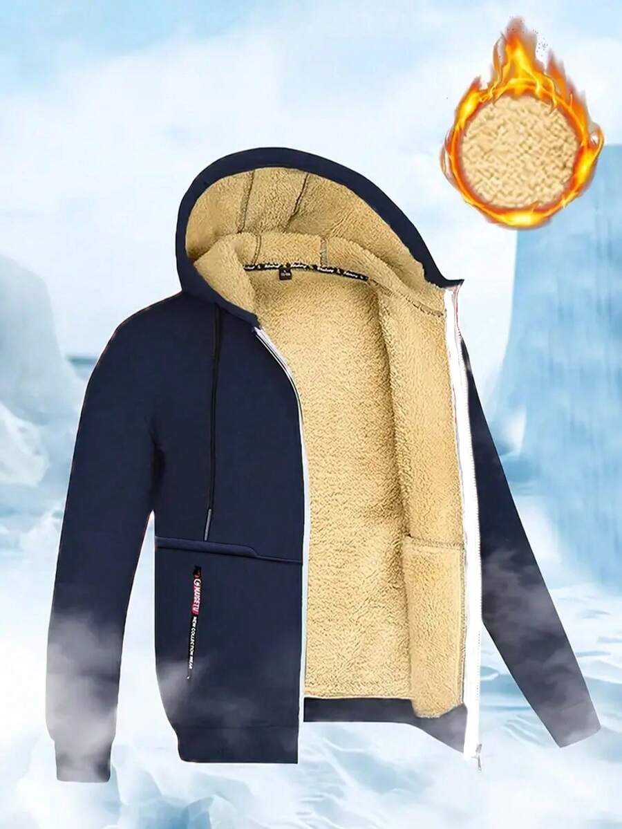 1pc Men's Sherpa Lined Zip-Up Hoodie Jacket, Casual Versatile Knit Sweatshirt Outerwear - Navy Blue - View 1