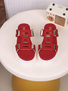 1 Pair Children's PU Leather Thick Sole Slippers, Fashionable & Minimalist, Suitable For Summer - Red - View 3