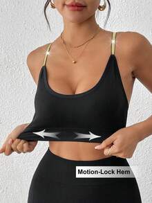 LianShengFa 1pc Seamless Ribbed Crisscross Strap Racerback High Impact Sports Bra, Removable Padded, Soft & Breathable Yoga Crop Top, Sparkling - Black - View 7