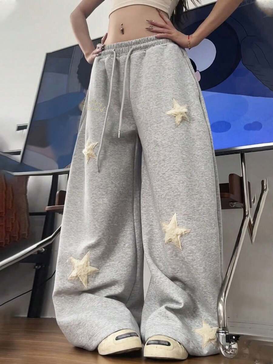 Vintage American Star Embroidery Casual Sweatpants, Women Straight Leg Wide Leg Pants - Grey - View 1