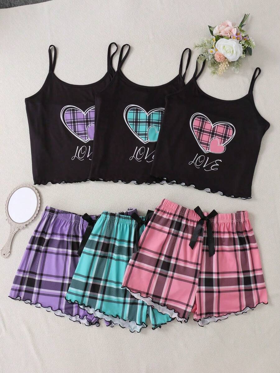 Women's 3-Piece Pajama Set,Ruffled Heart-Patterned Vest + Bow-Tie Plaid Shorts; Women's Casual Loungewear; Sexy Summer Casual Wear. - 彩色 - 查看 1