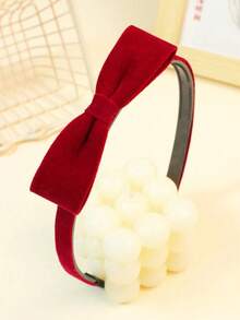 1pc Red Flocked Bow Headband Girls Hair Accessory Simple Back To School Versatile Photo Prop Decoration - Red - View 3