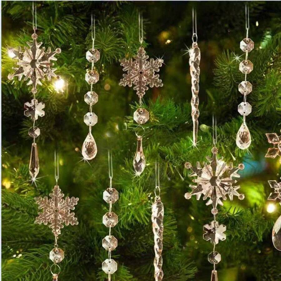 10pcs Gold Crystal Christmas Decorations, Suitable For Christmas Tree Decoration, Christmas Tree Crystal Ornaments, Acrylic Icicle Snowflake Pendant, Acrylic Christmas Icicle Snowflake Crystal Ornaments, Suitable For Winter Wonderland Chandelier Crystal Decor, Christmas Tree Winter Party Supplies, Christmas - Champagne - View 1