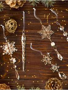 10pcs Gold Crystal Christmas Decorations, Suitable For Christmas Tree Decoration, Christmas Tree Crystal Ornaments, Acrylic Icicle Snowflake Pendant, Acrylic Christmas Icicle Snowflake Crystal Ornaments, Suitable For Winter Wonderland Chandelier Crystal Decor, Christmas Tree Winter Party Supplies, Christmas - Champagne - View 3