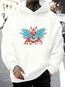 Men's Hooded Sweatshirt, Men's Fashion Hoodie With Triangular Eye Print, Blue Wings And Red Lightning Bolts For Daily Use, Social Outings, Winter And Spring, Christmas Outfit Ideas, Perfect For Outdoor Activities, Parties, And The Best Gift For Friends. - 白色 - 查看 1