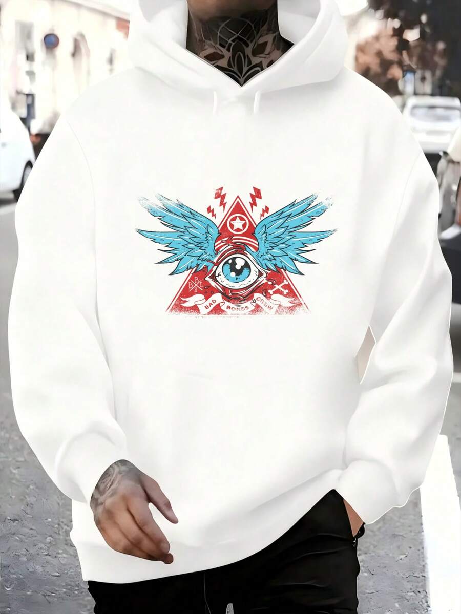 Men's Hooded Sweatshirt, Men's Fashion Hoodie With Triangular Eye Print, Blue Wings And Red Lightning Bolts For Daily Use, Social Outings, Winter And Spring, Christmas Outfit Ideas, Perfect For Outdoor Activities, Parties, And The Best Gift For Friends. - 白色 - 查看 1