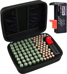 Caja de almacenamiento organizadora de batería para 48 pilas AA, 48 pilas AAA en total 96 con probador de batería, 2 bolsillos adicionales para otros accesorios - Más de 140 baterías - Ver 1