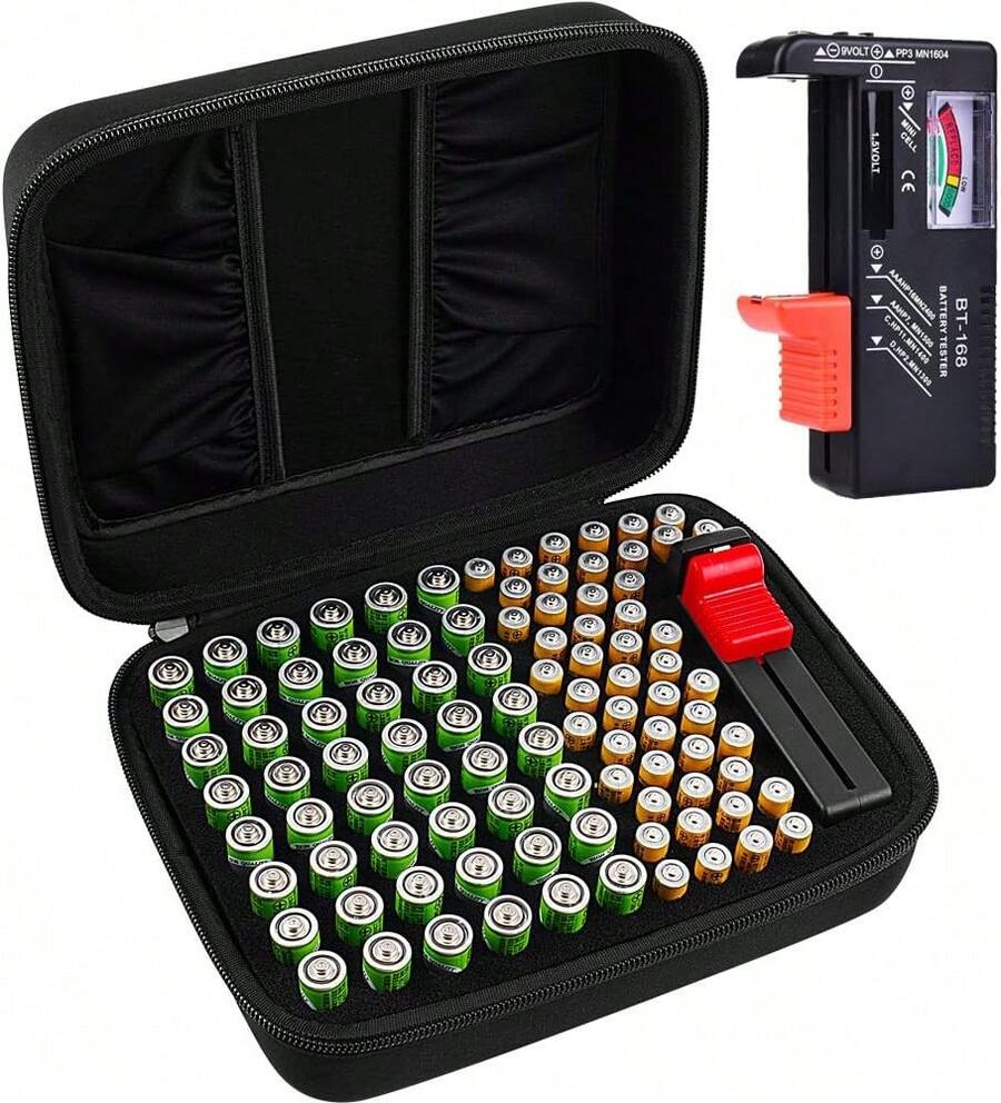 Caja de almacenamiento organizadora de batería para 48 pilas AA, 48 pilas AAA en total 96 con probador de batería, 2 bolsillos adicionales para otros accesorios - Más de 140 baterías - Ver 1