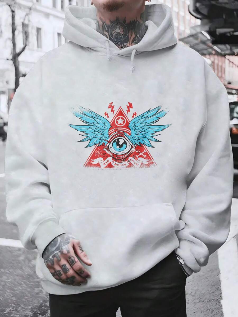 Men's Hooded Sweatshirt, Men's Fashion Hoodie With Triangular Eye Print, Blue Wings And Red Lightning Bolts For Daily Use, Social Outings, Winter And Spring, Christmas Outfit Ideas, Perfect For Outdoor Activities, Parties, And The Best Gift For Friends. - 灰色 - 查看 1