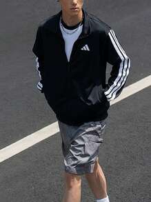 adidas男款簡約側條紋拉鍊復古立領長袖夾克外套JI8816 - 黑色 - 查看 2