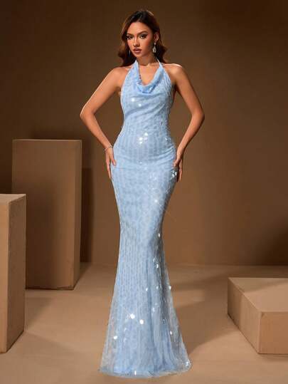 Đầm dài dự tiệc thời trang nữ, hở lưng, xếp ly, đính sequin, cổ yếm.