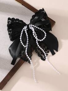 1pc Fashion Big Bow Lace Trim Faux Pearl Tassel Butterfly Hair Clip, Girls Party Accessory Gift - Multicolor - View 14