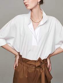 Women's Elegant High Collar Long Sleeve Blouse - Lightweight Solid Color Top For Summer, Machine/Dry Cleanable, Suitable For Casual And Formal Occasions - Refined Series, Formal Style, Fine Texture Solid Color Front Button Office Wear White Spring - White - View 7