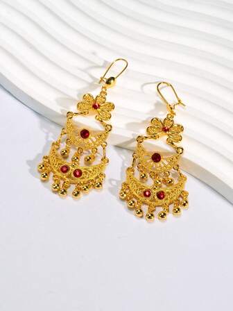 2 piezas de Elegantes pendientes con forma de media luna y flores estilo Medio Oriente, incrustados con circonita cúbica, resistentes a la oxidación, chapados en oro de 24K, regalo para amigas, novias, esposas, festivales, cumpleaños, adecuados para uso diario y festivo de mujeres y niñas