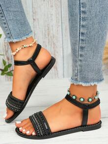 Women's Fashion Embroidered Comfortable Elastic Band Beach Flat Sandals, Plus Size; Women's Pearl Chain Decor Flat Sandals - Black - View 4