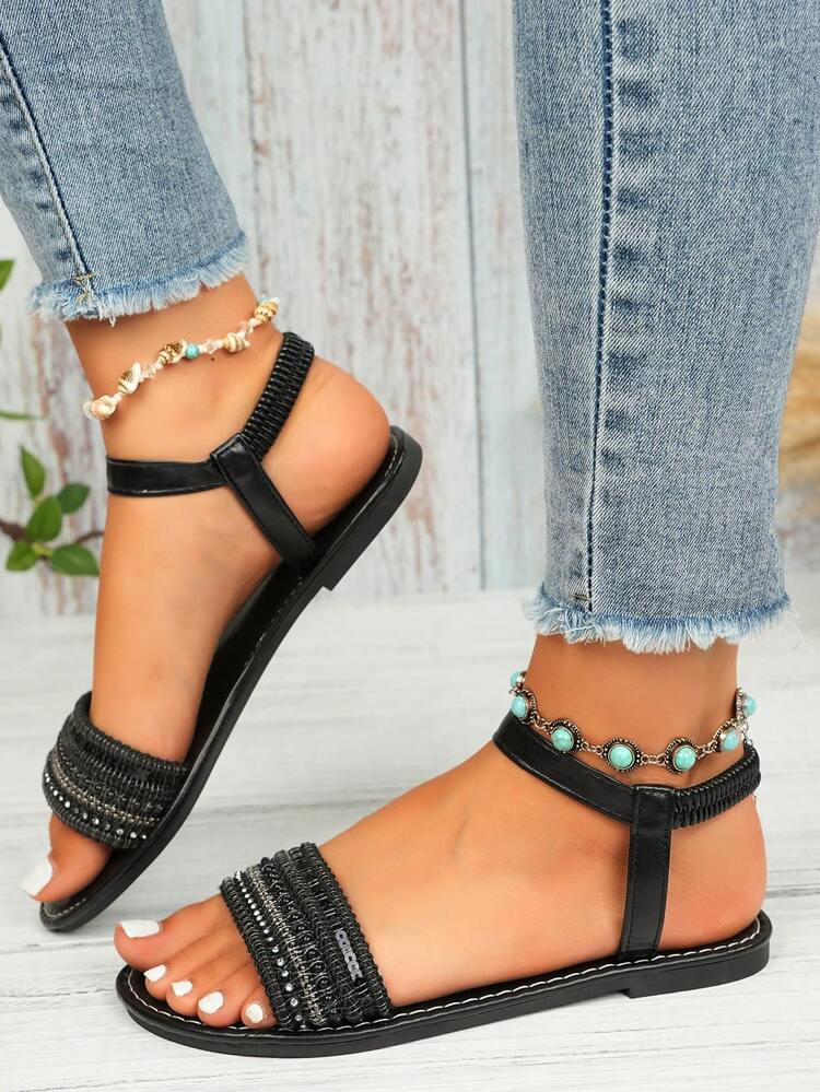 Women's Fashion Embroidered Comfortable Elastic Band Beach Flat Sandals, Plus Size; Women's Pearl Chain Decor Flat Sandals - Black - View 4