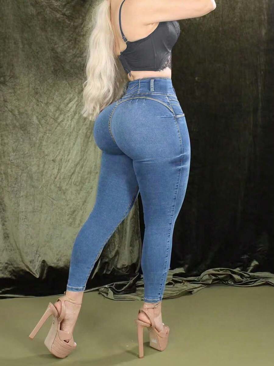 Quần jeans skinny cạp cao màu xanh nhạt, kiểu quần bút chì, dáng ôm tôn dáng, thích hợp cho mùa xuân/hè, đi nghỉ mát, du lịch, phong cách denim thường ngày, đa năng cho các buổi đi chơi. - Màu xanh lam - Xem 1