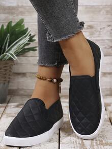 1双女士时尚平底鞋，菱形格纹皮革鞋面套脚乐福鞋，百搭纯色休闲运动鞋，春季新品 - 黑色 - 查看 3