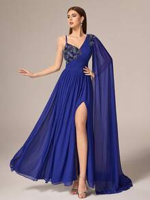 VIPGIRL 优雅奢华女士长款雪纺晚礼服，不对称领口饰有串珠细节，飘逸袖子和层叠下摆。 - 湖藍色 - 查看 3