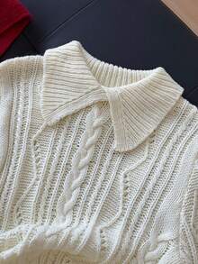 1 pieza Suéter de manga larga de punto retorcido de unicolor con cuello, diseño de cintura ajustada, parte superior versátil de invierno para mujeres - Albaricoque - Ver 9