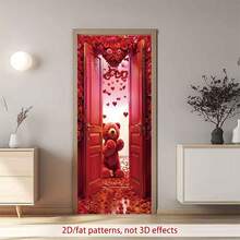 2D Flat, 1pc Red Valentine Bear Room Door Rose Banner, Polyester Door Cover, Room Decoration, Party Banner, Holiday Decoration, Party Supplies, Interior Decoration. - 1PCS - View 5