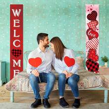 2 pièces Bannière de porte de la Saint-Valentin Décoration Enseigne de bienvenue suspendue pour le porche avant Cœur d'amour à carreaux rouges Romantique pour la maison, le mur, l'école, le bureau, l'intérieur, l'extérieur, fournitures de fête - Multicolore - Voir 5