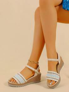 2026 New Women's Bohemian Style Fashion Wedge Sandals, Summer Thick Bottom Sandals, Slip-On High Heel Shoes, Suitable For Party, Date, Wedding And Many Occasions, And Popular - Beige - View 4