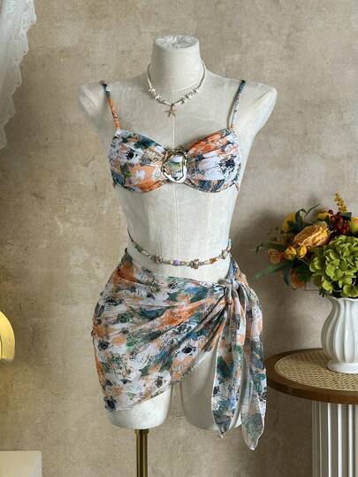 Bikini con tirantes de espagueti y falda con lazo de estampado floral bohemio, alta elasticidad, adecuado para el uso en la playa en verano de las mujeres