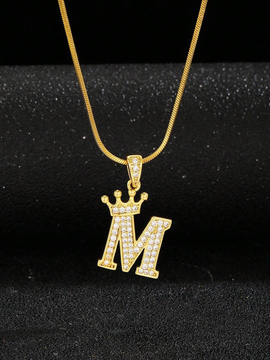 1pc Fashionable Crown & Letter Copper Pendant Stainless Steel Snake Chain Necklace, Customized A-Z Initial Necklace For Kids, Friends, Family As Birthday Gift - Gold - View 1
