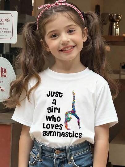 Girls' Short Sleeve T-Shirt With Slogan And Dance Pattern Print, Suitable For Summer Wear, Showcasing Girls' Youthful Vitality, Cute Yet Stylish