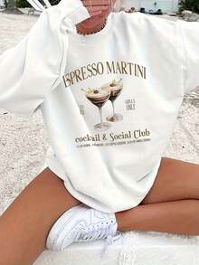 Women's Espresso Martini Cocktail Graphic Print Crewneck Sweatshirt -% Polyester Casual Long Sleeve Pullover, Washable, Autumn Winter Warm With Social Club Design And Micro Stretch Fabric