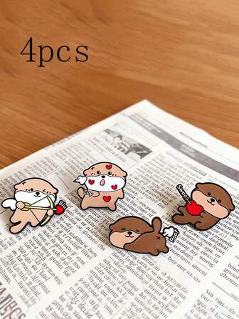 4枚时尚卡通可爱水獭系列合金胸针，可爱创意动物徽章装饰，背包百搭配饰，学生必备