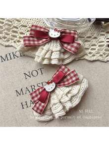 1/2pcs Sanrio Themed Cartoon Cat Lace Bow Hair Clips, Cute Duck Bill Side Hair Clips, Hair Accessories, Sweet Style, Plaid Design, Delicate Lace, Fashion Hair Clips, Side Open Hair Clips, Fashionistas, Cute Lovers, Birthday Gift - Multicolor - View 3