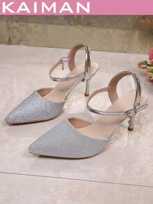 1 paire de sandales à talons hauts de mode pour femmes, talons hauts de couleur unie, style occidental pour mariage et fête élégante, vacances. Fermeture à boucle en PU , convient pour le printemps/été - Argent - Voir 9