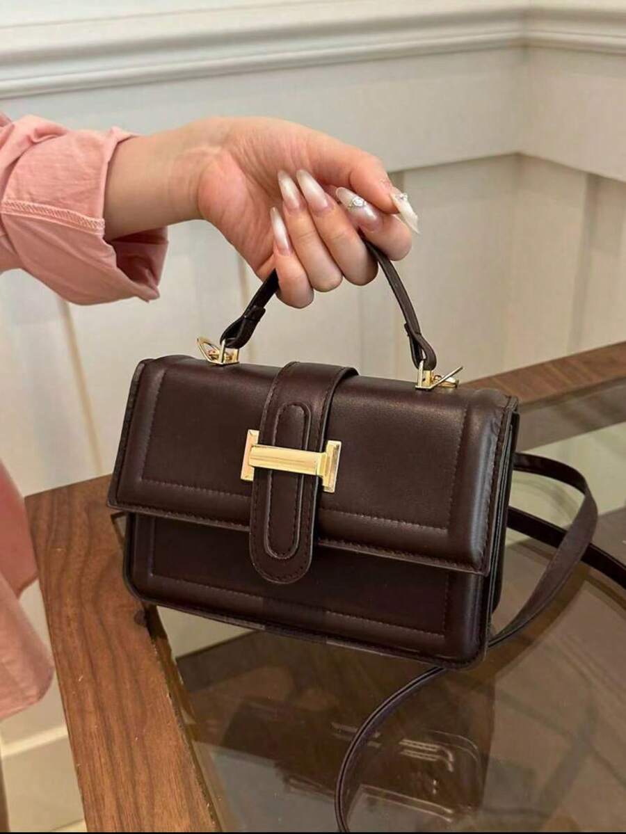 1个时尚纯色金属装饰翻盖迷你手提包,适合女性日常使用、约会、送礼,女士手提包、女士斜挎包,送给她的礼物 - 咖啡棕 - 查看 1