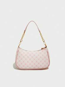 New Fashion Classic Pink Multifunctional Waterproof PU Material, Decorated With Letter Pattern, Contrast Color Blocking Solid Color Crescent Shoulder Bag, Chain One Shoulder Underarm Bag, Comes With Long Diagonal Shoulder Strap, Cherry Pendant Decor, Ladies Business Commuter Shoulder Bag, Lightweight, Suitable For Shopping And Gatherings, Easy To Carry. - Pink - View 3