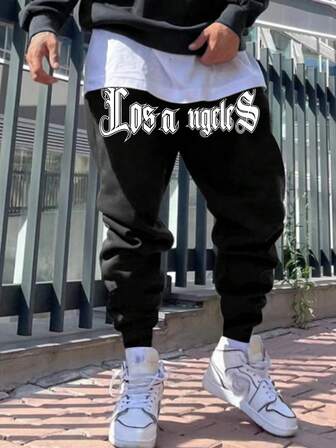 Teenagers' Handsome Lightning & English Print Drawstring Waist Fleece Sports Pants, Suitable For Carnival, Back To School, Teen Boys Gifts