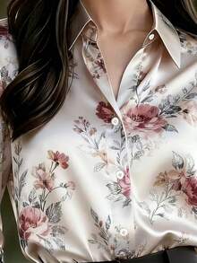 1 chiếc áo sơ mi dài tay cài cúc phía trước bằng vải satin in họa tiết hoa lá dành cho nữ, thanh lịch và thời trang, phù hợp cho công sở, nhà, hàng ngày, kỳ nghỉ, hẹn hò, mọi mùa, màu trắng, thích hợp cho kỳ nghỉ xuân. - trắng - Xem 5